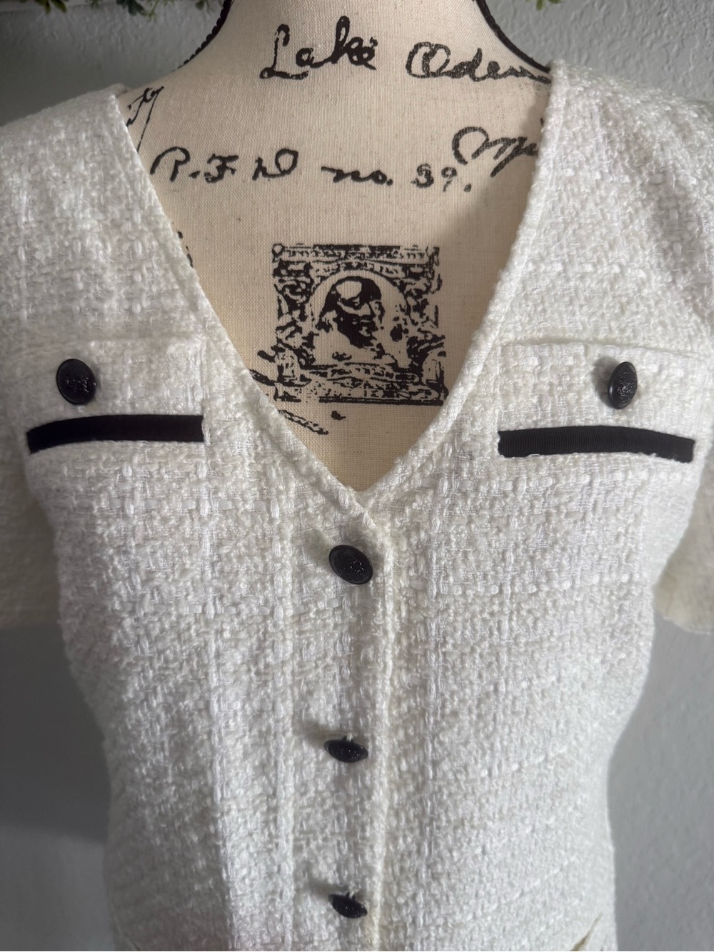 LOFT Ivory Textured V-Neck Mini Dress with Black Trim - Picture 2 of 3